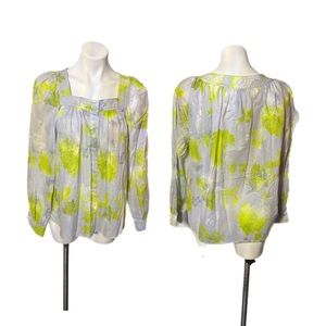 Calvin Klein Light Gray and Lime Floral Blouse